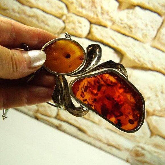 Super Giant Heavy Amber & 925 Silver Link Necklace - Rare Jewelry Gift For Her - Picture 12 of 16